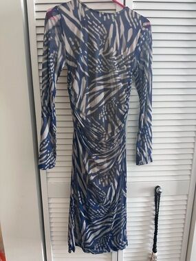 Fifteen Twenty Blue and White Sheer Printed Long-Sleeve Dress